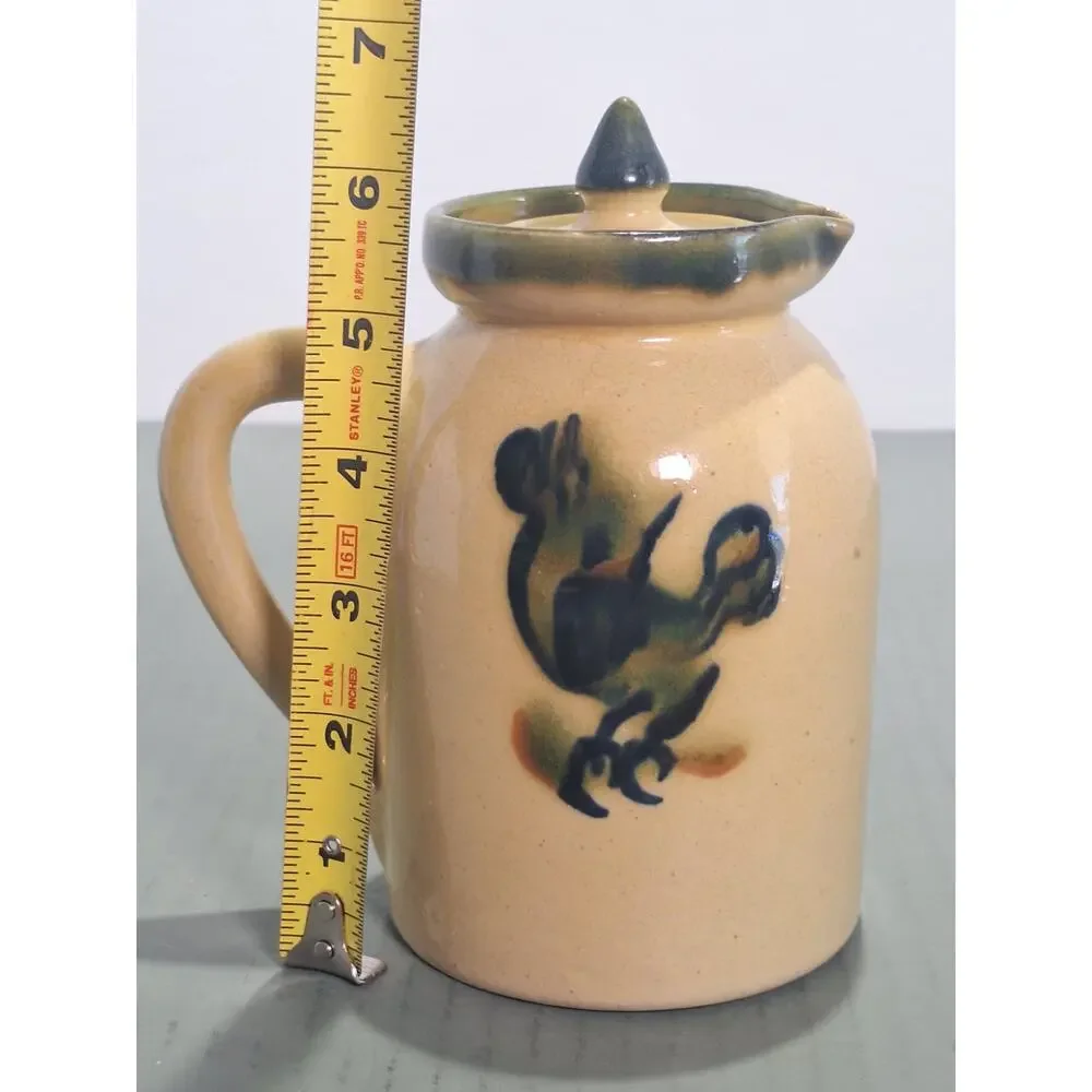 Vintage Watt Style Rooster Syrup Pitcher Yellowware Pottery Lid USA - Amazing!